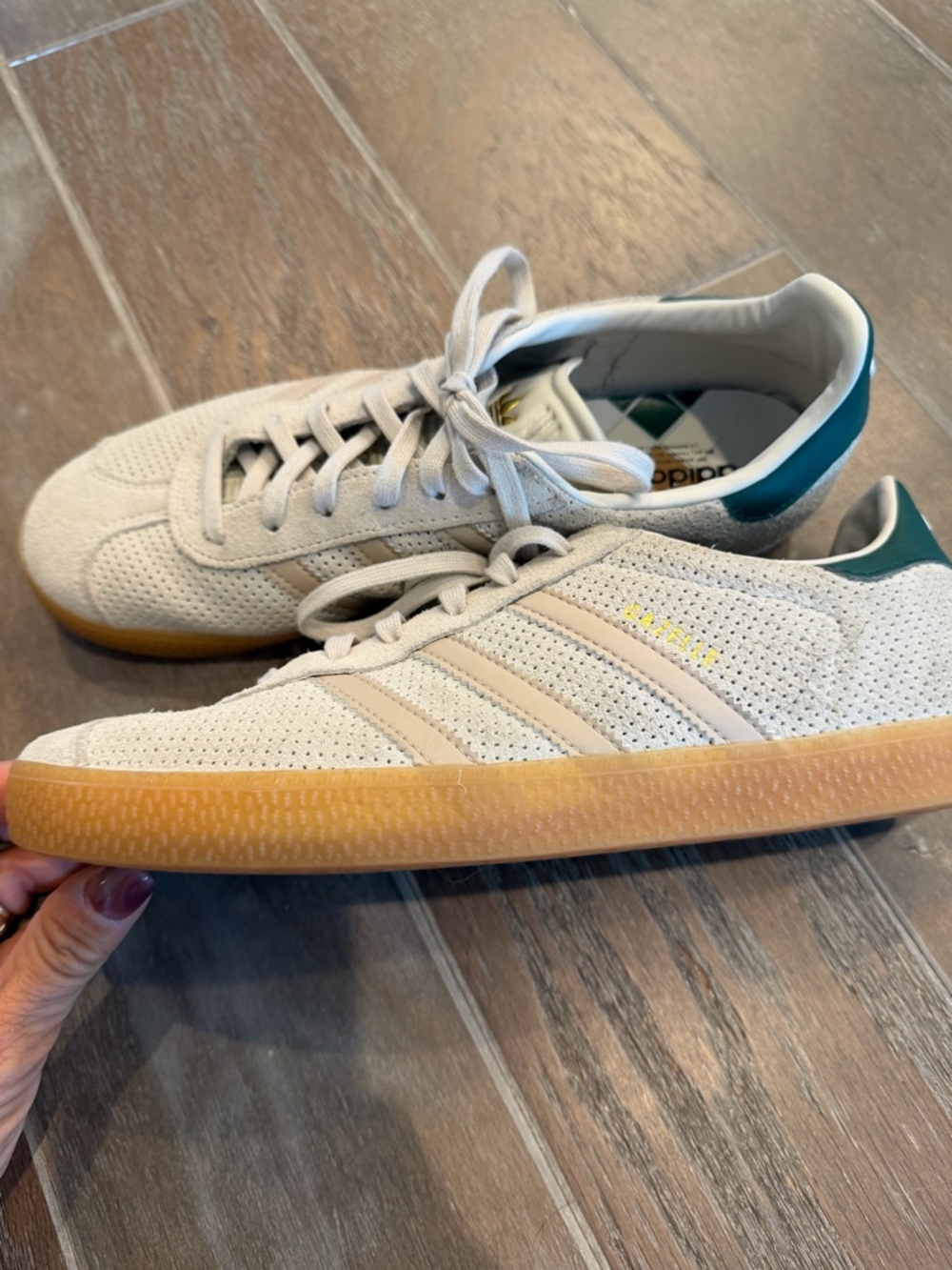 adidas Off-White Suede Sneakers with Gum Sole and Green Heel Tab